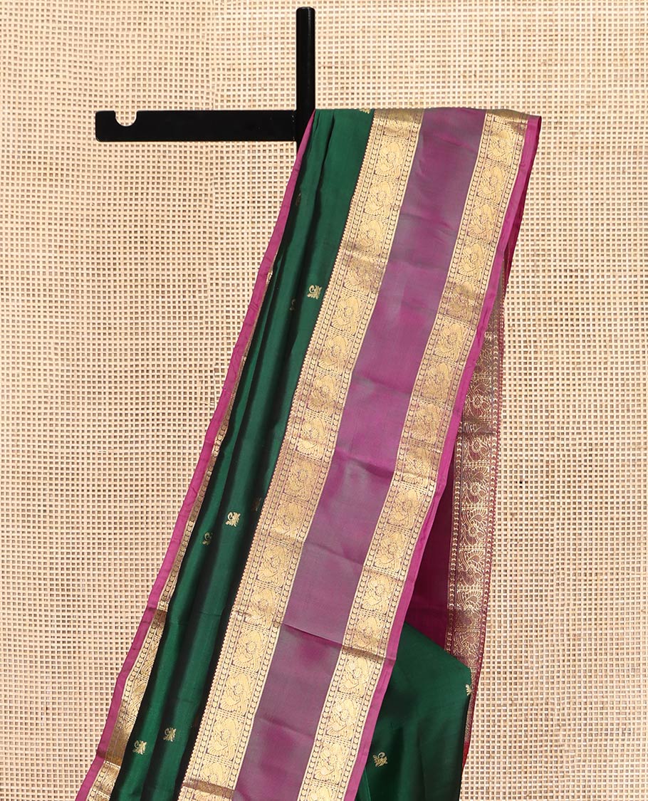 Green Vasundhara Lite-Silk Mix Saree, Bedecked with Zari Buttas, Complemented by a Contrast Rettai Pettu Mayil Border, Jaal Pallu, and a Contrast Blouse