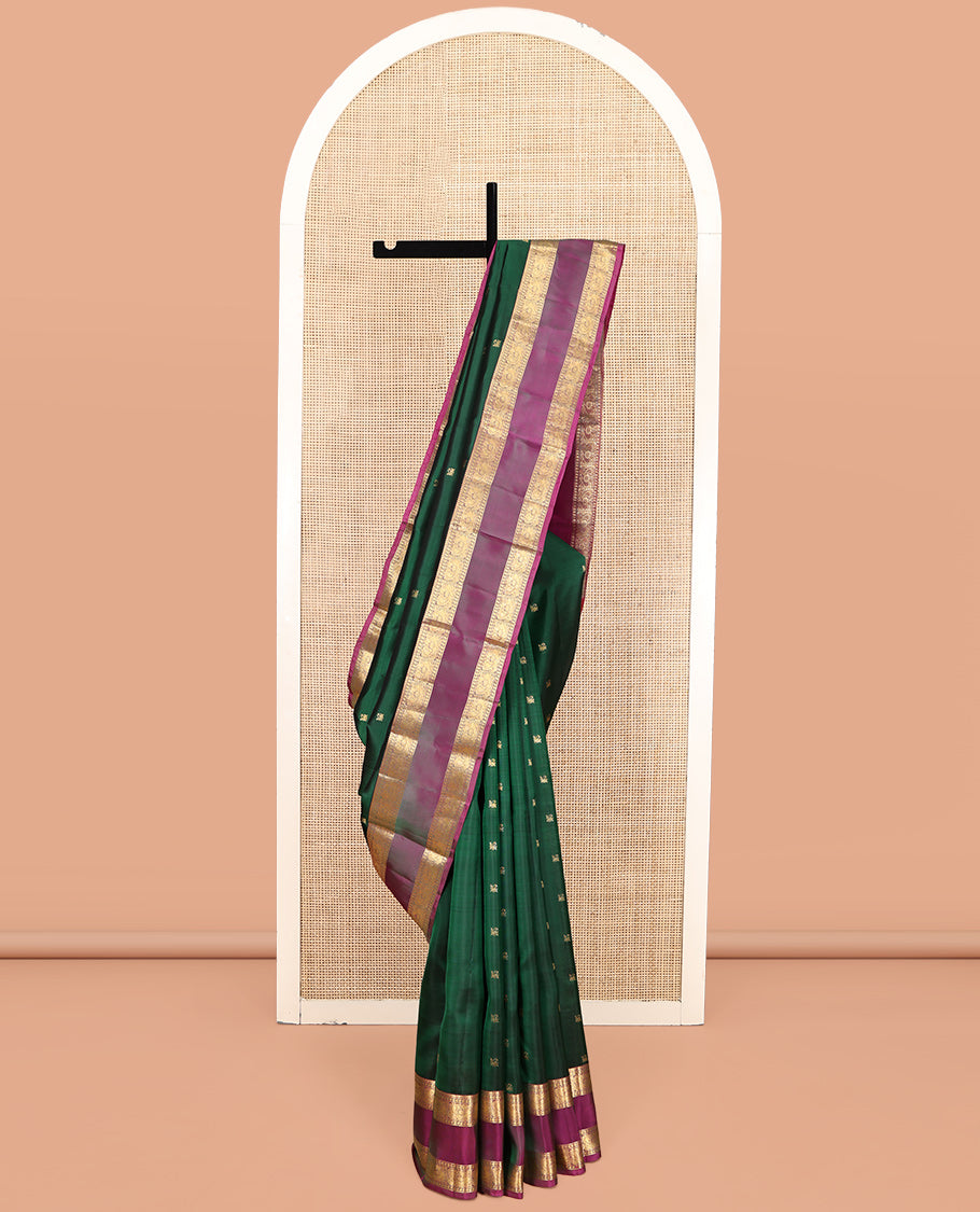 Green Vasundhara Lite-Silk Mix Saree, Bedecked with Zari Buttas, Complemented by a Contrast Rettai Pettu Mayil Border, Jaal Pallu, and a Contrast Blouse