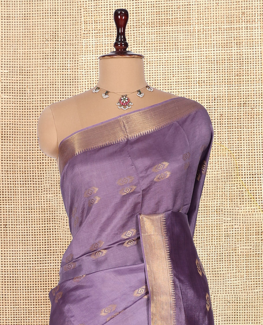 Lavender Banana Pith Saree, Elevated with Zari Buttas, a Zari Temple Border, Striped Pallu, and Matching Blouse