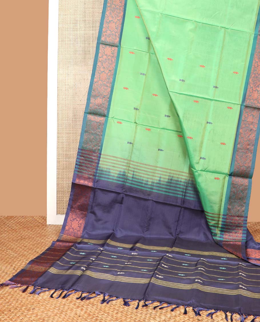 light green motifs banana pith saree with contrast floral design border & striped, floral motifs pallu