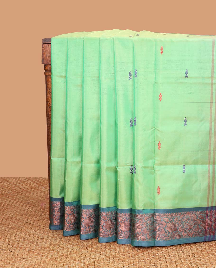 light green motifs banana pith saree with contrast floral design border & striped, floral motifs pallu