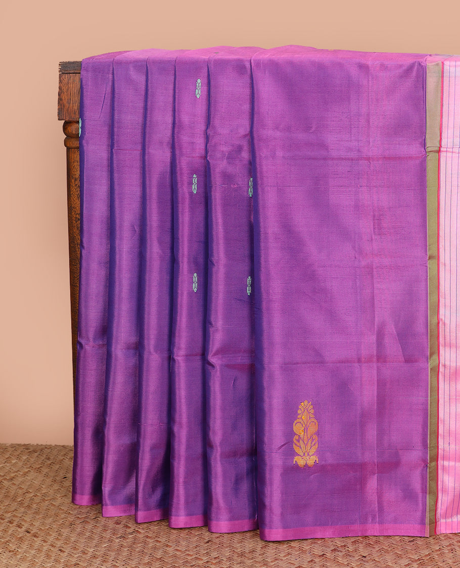 Borderless purple buttas Banana pith saree, contrast pallu of stripes, and resham thread buttas
