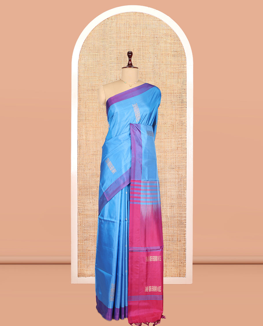 Blue Banana Pith Saree, Woven with Buttas, a Contrast Border, Pallu of Buttas and Stripes, and a Contrast Blouse