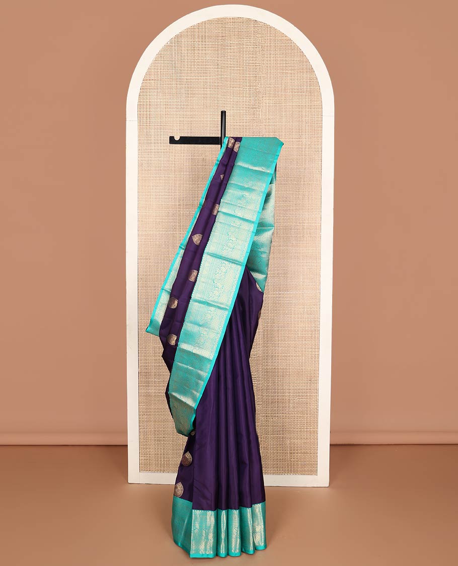 Violet buttas silk saree with contrast intricate zari design border & floral design pallu