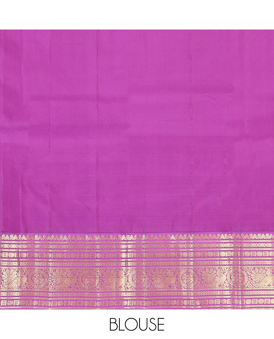Red Vasundhara Silk Saree Adorned with Zari Buttas, Complemented by a Contrast Border of Thilakam Mokku, Banaras, Rudraksham, Kathir, Cross Neli, and Anna Chakram Designs, Pallu Decked Up with Jaal Designs, and Paired with a Contrast Blouse
