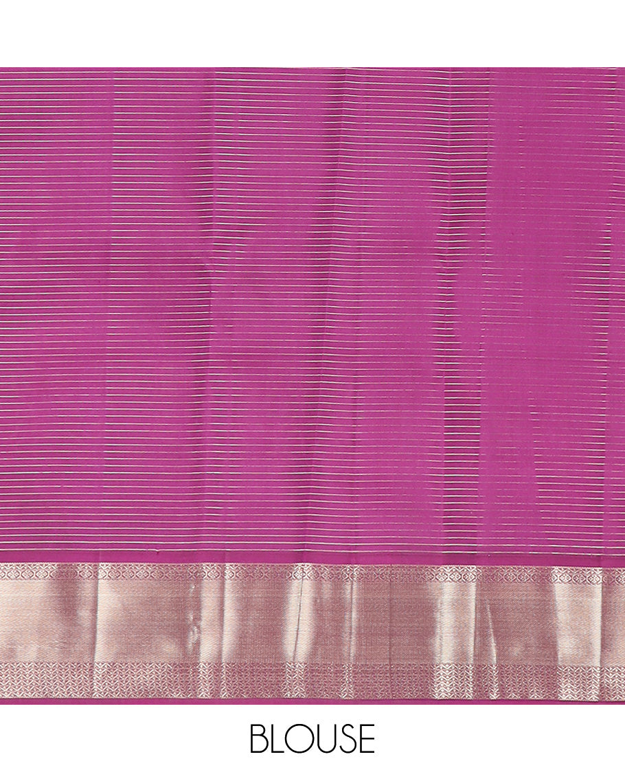 Blue micro-checked silk saree, contrast border of salngai, banaras, laddu kamalam, and annam motifs, and jaal design pallu