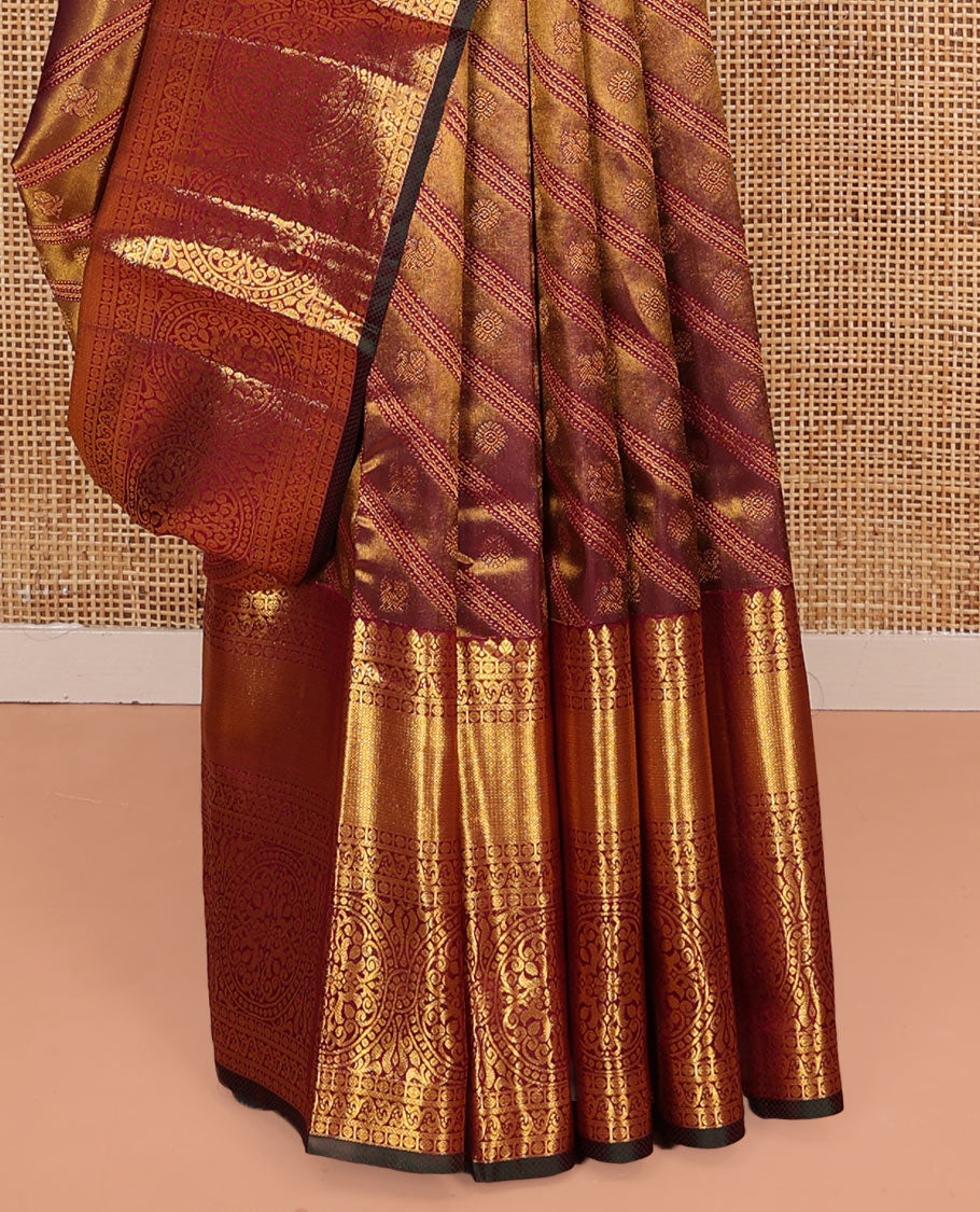 Maroon Kanchipuram Wedding Silk Saree, Mesmerized with Jacquard Design on Its Body, Highlighted by Zari Border of Thilakam Mokku, Rudraksham, Mayil Kann, and Chakram Designs, Grandly Woven Pallu, and Paired with a Matching Blouse