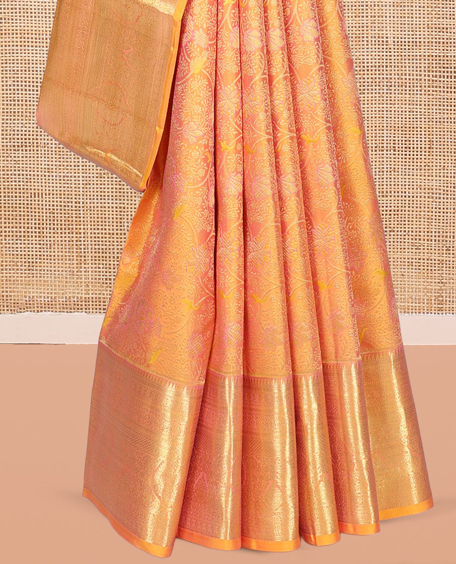 Yellow Kanchipuram Wedding Silk Saree, Detailed with Jacquard Design, a Self-Border of Rekku, Muthu, Poun, Kathir, Kodi Visiry, and Mayil Kann, Grand Pallu, and a Matching Blouse
