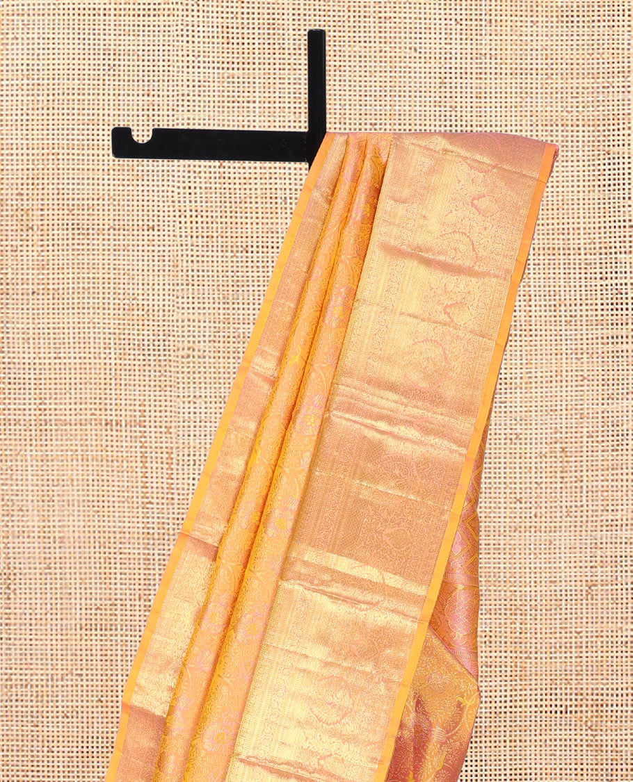 Yellow Kanchipuram Wedding Silk Saree, Detailed with Jacquard Design, a Self-Border of Rekku, Muthu, Poun, Kathir, Kodi Visiry, and Mayil Kann, Grand Pallu, and a Matching Blouse