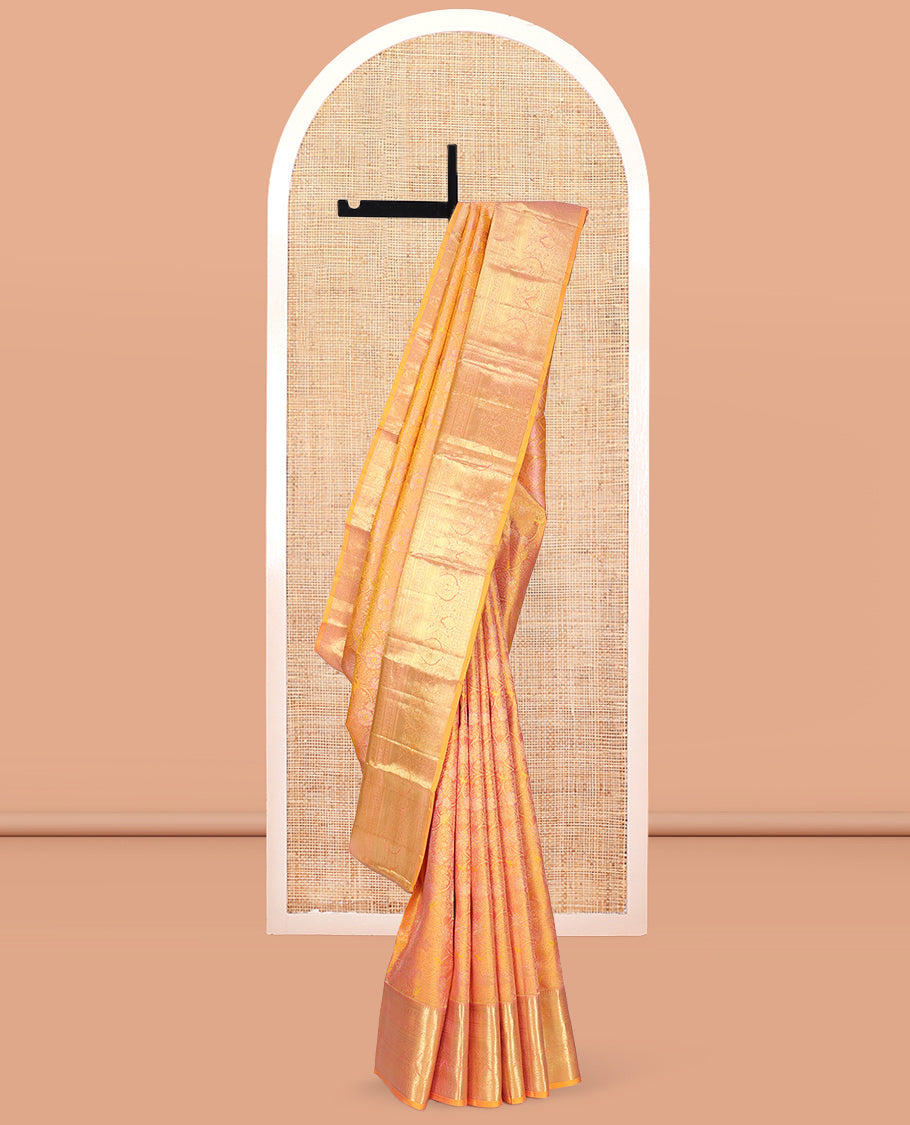 Yellow Kanchipuram Wedding Silk Saree, Detailed with Jacquard Design, a Self-Border of Rekku, Muthu, Poun, Kathir, Kodi Visiry, and Mayil Kann, Grand Pallu, and a Matching Blouse