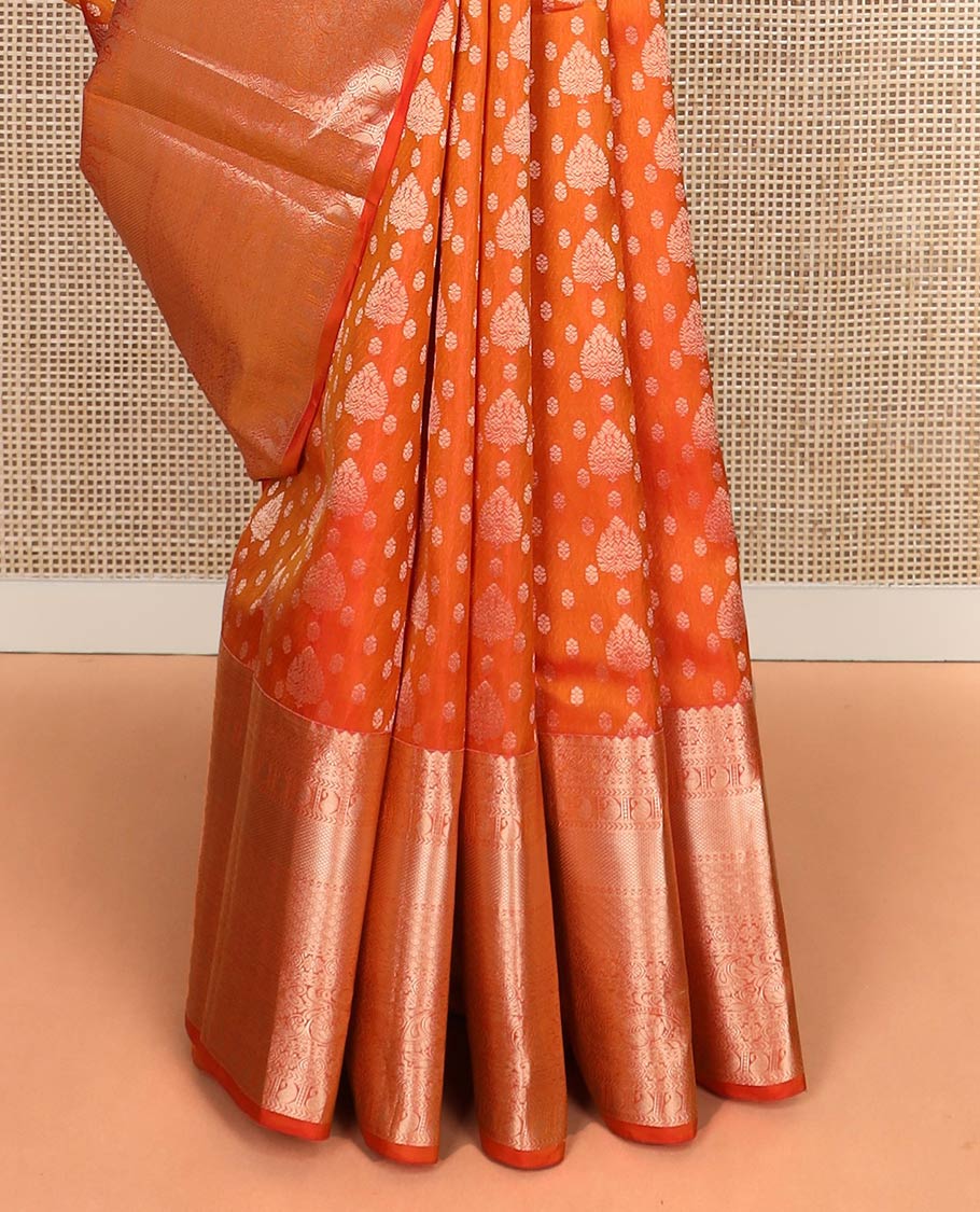 Orange zari buttas Kanchipuram wedding silk saree, zari border of thilakam mokku, chakram, kathir, manga, kuyil kann, jaal ,and zari designs, and intricate pallu