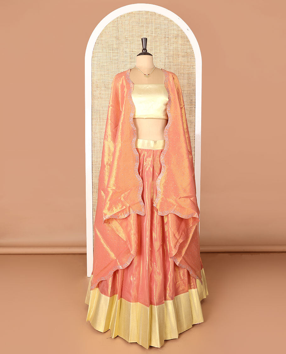 Orange art-silk half-saree, plain with contrast bordered skirt, contrast blouse, and a scallop stone work dhavani