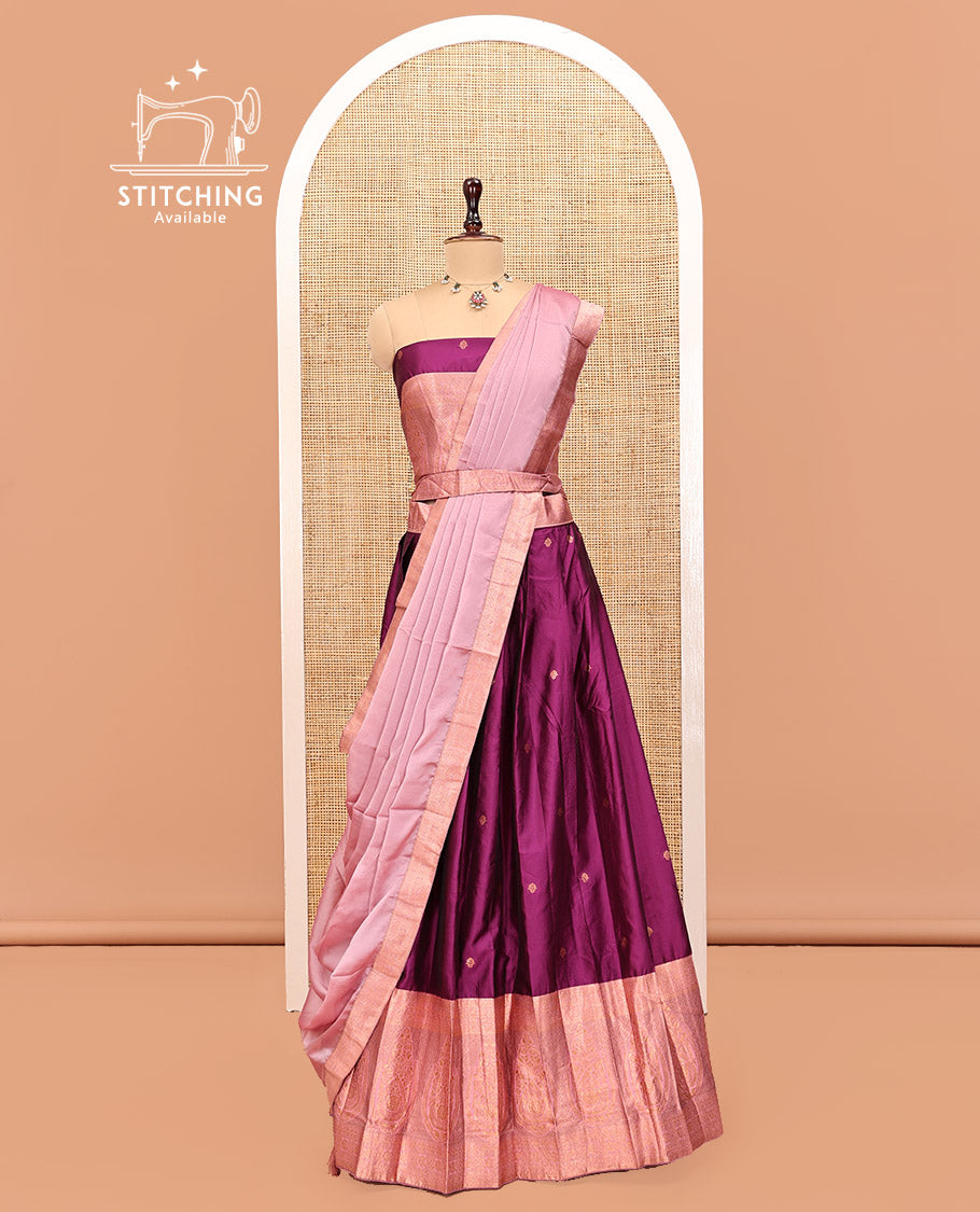 Purple Art Silk Half Saree Features Buttas Skirt, Complemented by Contrast Traditional Border, Matching Blouse, and a Plain Zari-Bordered Dhavani