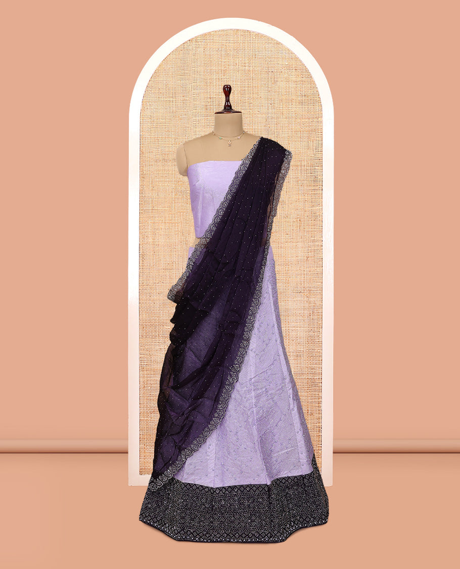 Lavender Banarasi Half-Saree, Finely Crafted with Bead Work Skirt, a Contrast Stone Work Border, Matching Blouse, and Contrast Scallop Stone Work Dupatta
