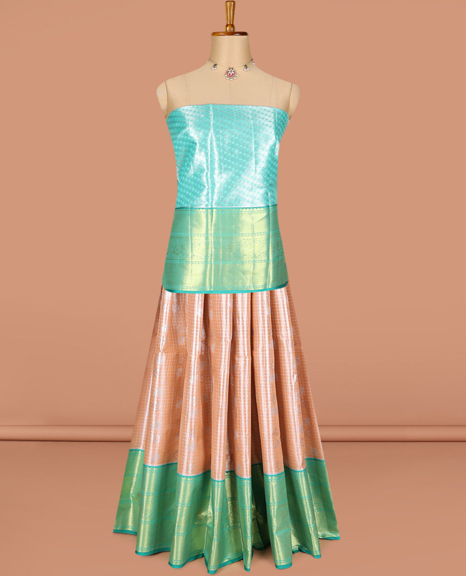 Sandal art silk half-saree pavadai material, jacquard with contrast traditional border skirt, jacquard blouse, and zari design dhavani