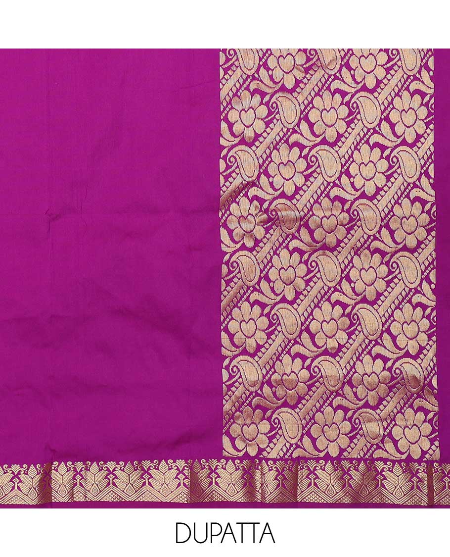Pink art silk half saree material , floral jacquard with contrast traditional zari bordered skirt, jacquard blouse, and floral-paisley dhavani