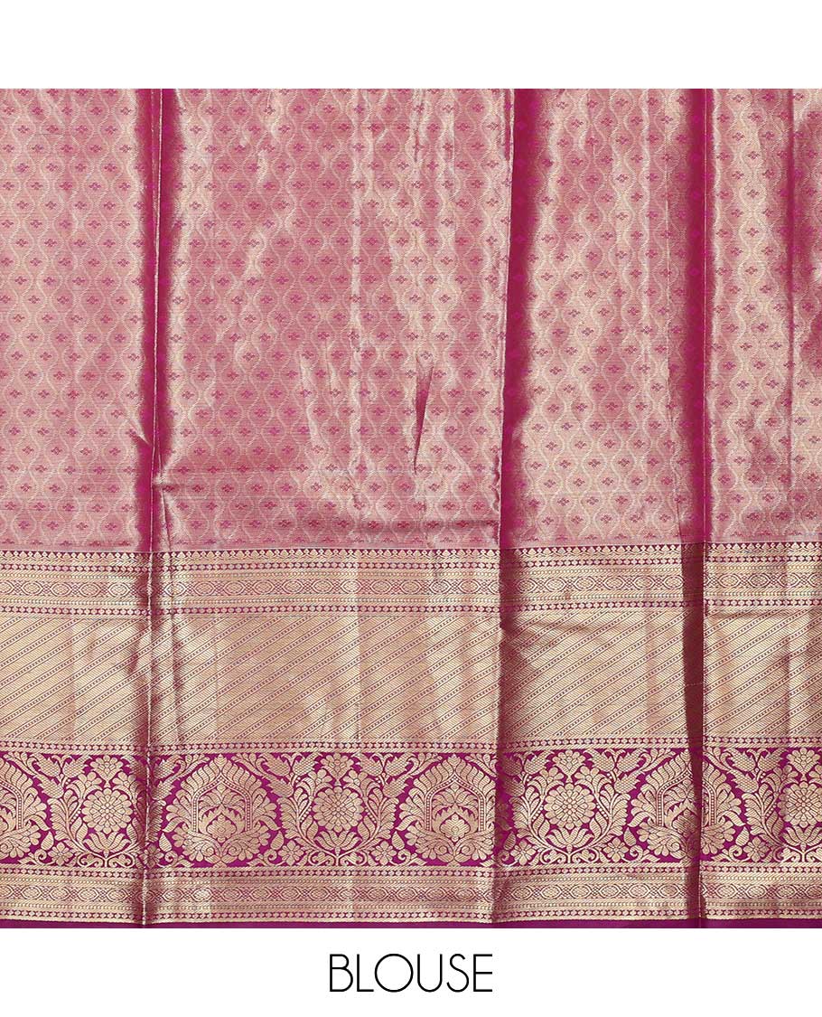 Pink art silk half saree material , floral jacquard with contrast traditional zari bordered skirt, jacquard blouse, and floral-paisley dhavani