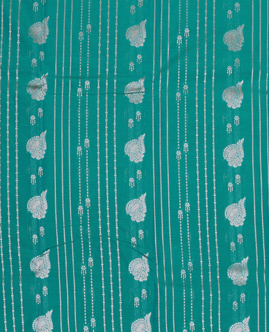 Green art silk pavadai set, zari design and contrast traditional zari bordered skirt and a contrast zari border blouse