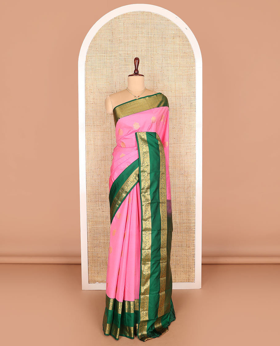Pink zari buttas budget silk saree, contrast traditional zari design rettai pettu border, and intricate pallu