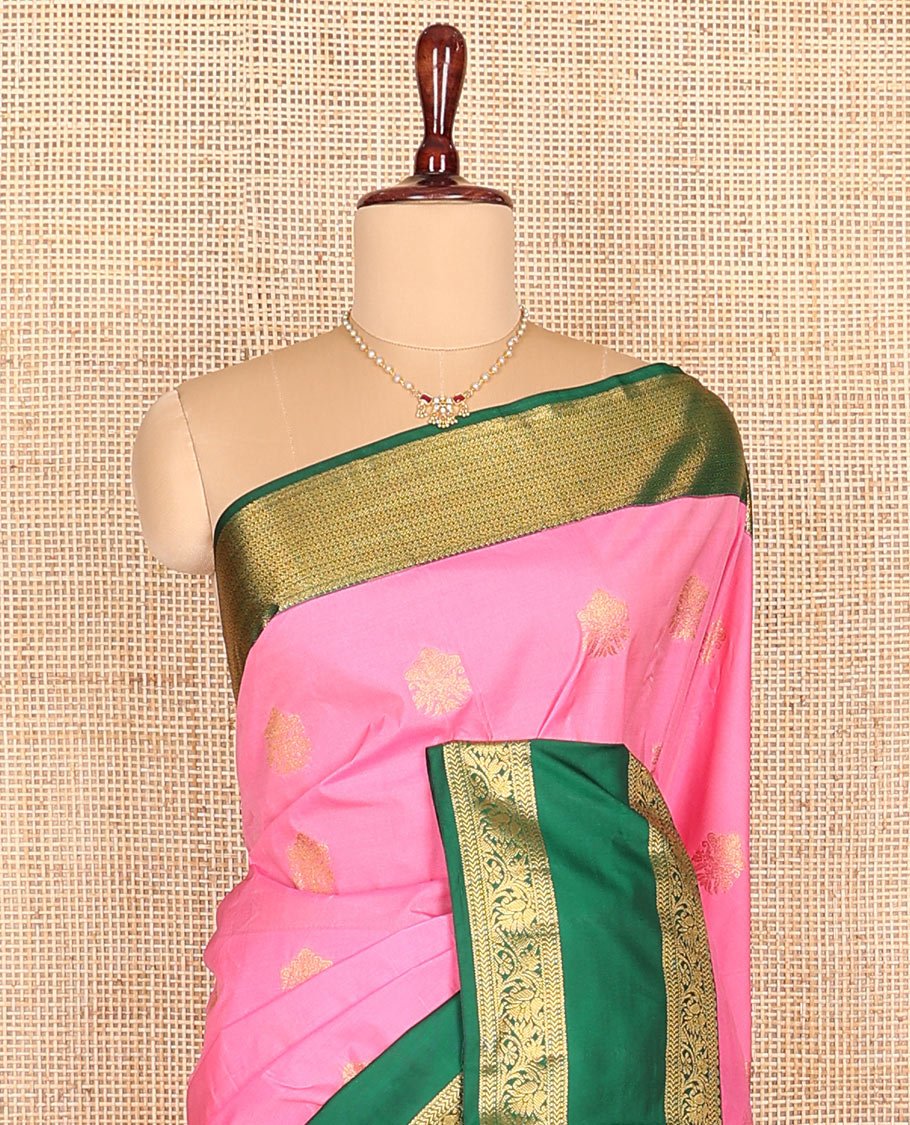 Pink zari buttas budget silk saree, contrast traditional zari design rettai pettu border, and intricate pallu