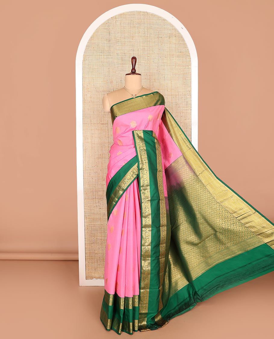 Pink zari buttas budget silk saree, contrast traditional zari design rettai pettu border, and intricate pallu