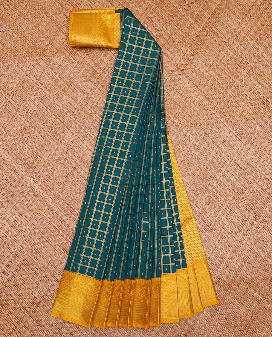 Peacock blue butta enclosed checked gift saree, contrast traditional zari design border, and jaal pallu