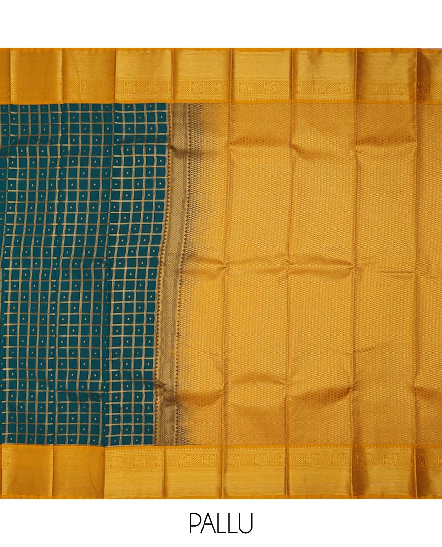Peacock blue butta enclosed checked gift saree, contrast traditional zari design border, and jaal pallu