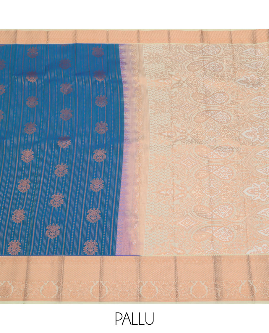 Blue Budget Silk Saree Features Zari Designs, Complemented by a Contrast Traditional Zari Border, an Intricately Zari-Designed Pallu, and a Contrast Zari-Bordered Blouse