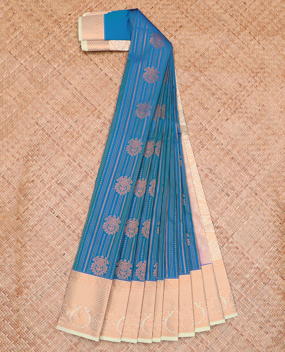 Blue Budget Silk Saree Features Zari Designs, Complemented by a Contrast Traditional Zari Border, an Intricately Zari-Designed Pallu, and a Contrast Zari-Bordered Blouse