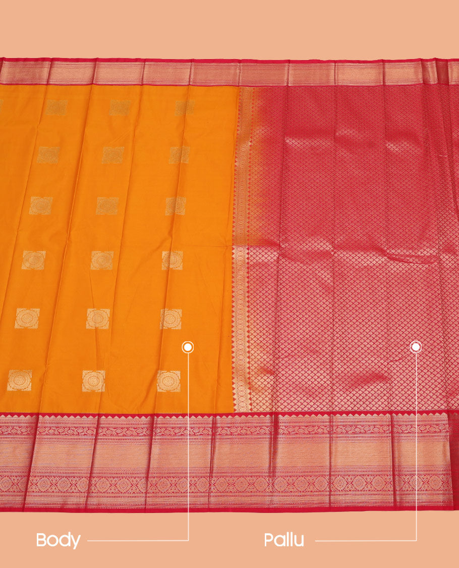 Orange Budget Silk Saree, Prettified with Zari Buttas on Its Body, Complemented by a Contrast Traditional Zari Design Border, Grand Jaal Pallu, and Paired with a Contrast Blouse