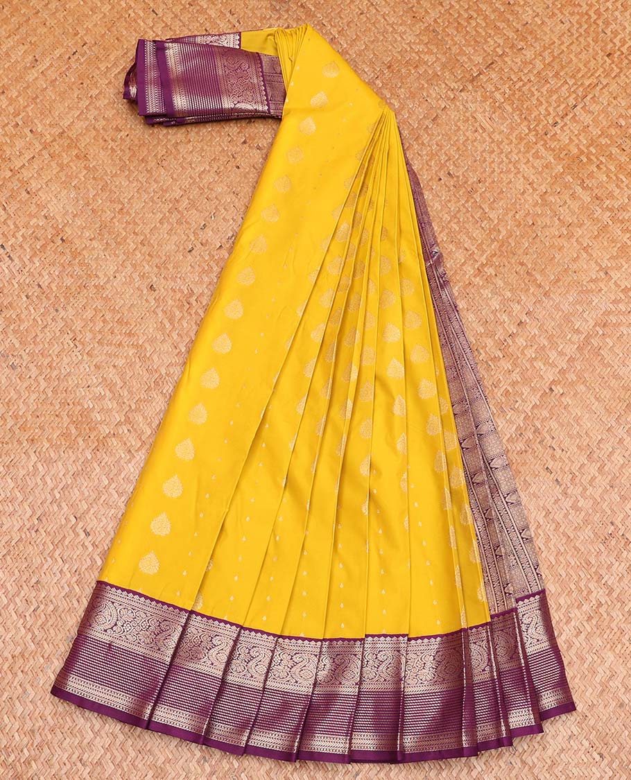 Yellow Budget Silk Saree, Featuring Zari Buttas All Over Its Body, Complemented by a Contrast Traditional Zari Design Border, Intricately Designed Pallu, and Paired with a Contrast Blouse