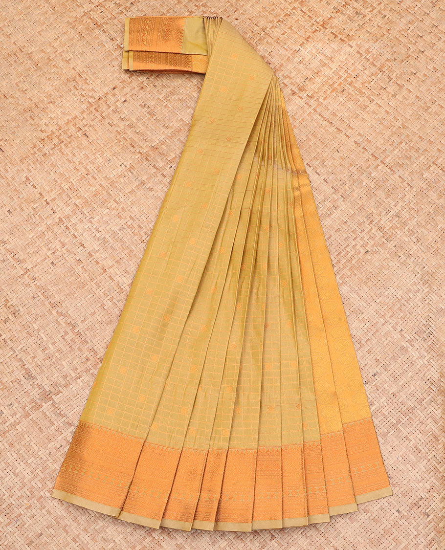 Green Budget Silk Saree, Sparsely Woven with Zari Buttas and Checks All Over Its Body, Highlighted by a Traditional Zari Design Border, Sparsely Woven Pallu, and Paired with a Matching Blouse
