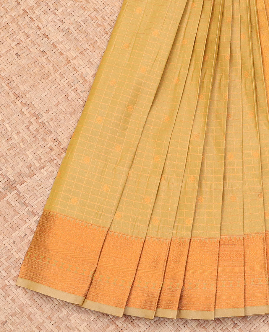 Green Budget Silk Saree, Sparsely Woven with Zari Buttas and Checks All Over Its Body, Highlighted by a Traditional Zari Design Border, Sparsely Woven Pallu, and Paired with a Matching Blouse