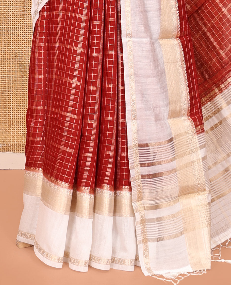 Red Assam Silk Saree, Embellished with Zari Checks, Complemented by a Contrast Traditional Border, Zari Striped Pallu, and a Contrast Blouse
