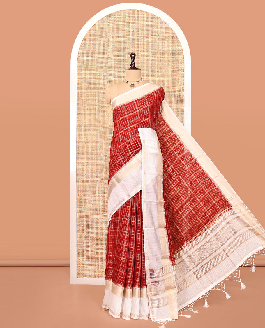 Red Assam Silk Saree, Embellished with Zari Checks, Complemented by a Contrast Traditional Border, Zari Striped Pallu, and a Contrast Blouse