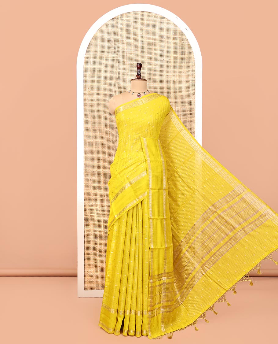 Yellow Assam Silk Saree, Subtly Sparkled with Buttas and Stripes, Traditional Zari Border, Zari-Design Pallu, and a Contrast Blouse