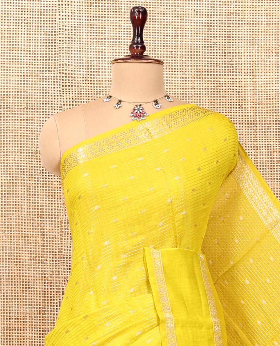 Yellow Assam Silk Saree, Subtly Sparkled with Buttas and Stripes, Traditional Zari Border, Zari-Design Pallu, and a Contrast Blouse
