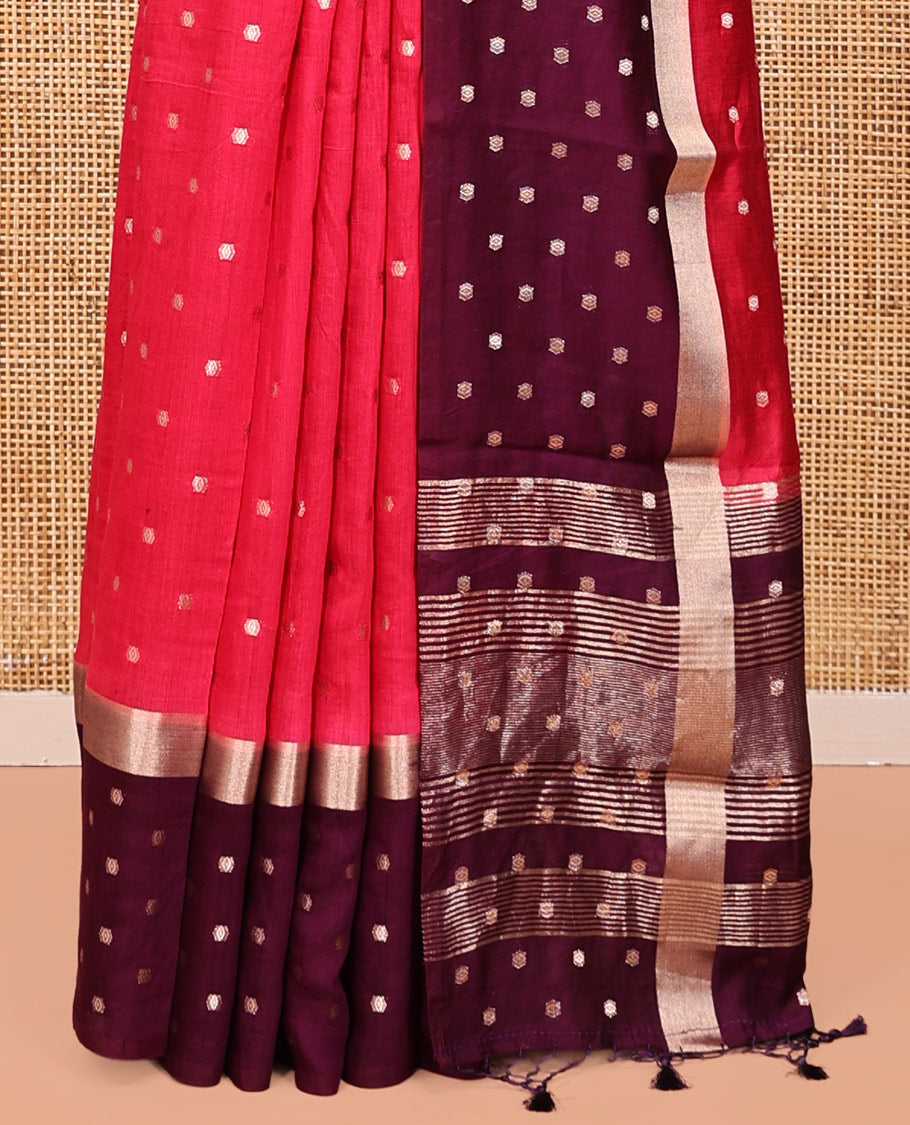 Pink Assam Silk Saree, Steeped with Zari Buttas, Complemented by a Contrast Zari Buttas Woven Border, Zari Design Pallu, and a Contrast Blouse