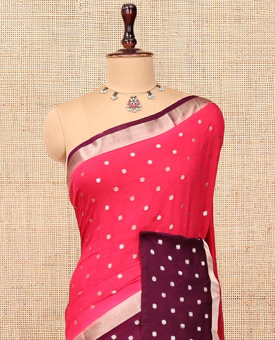 Pink Assam Silk Saree, Steeped with Zari Buttas, Complemented by a Contrast Zari Buttas Woven Border, Zari Design Pallu, and a Contrast Blouse