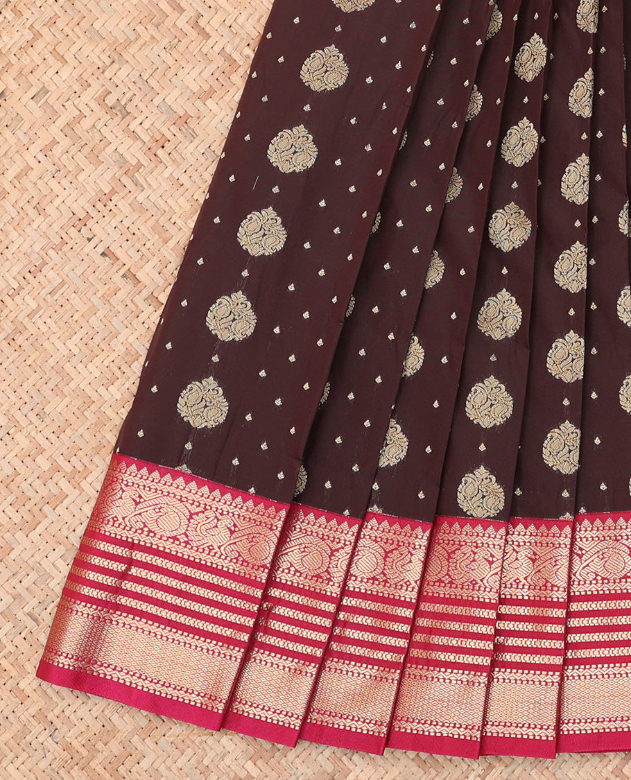 Brown Budget Silk Saree, Spotlighted with Zari Buttas, a Contrast Traditional Zari Border, Grand Pallu, and a Contrast Blouse