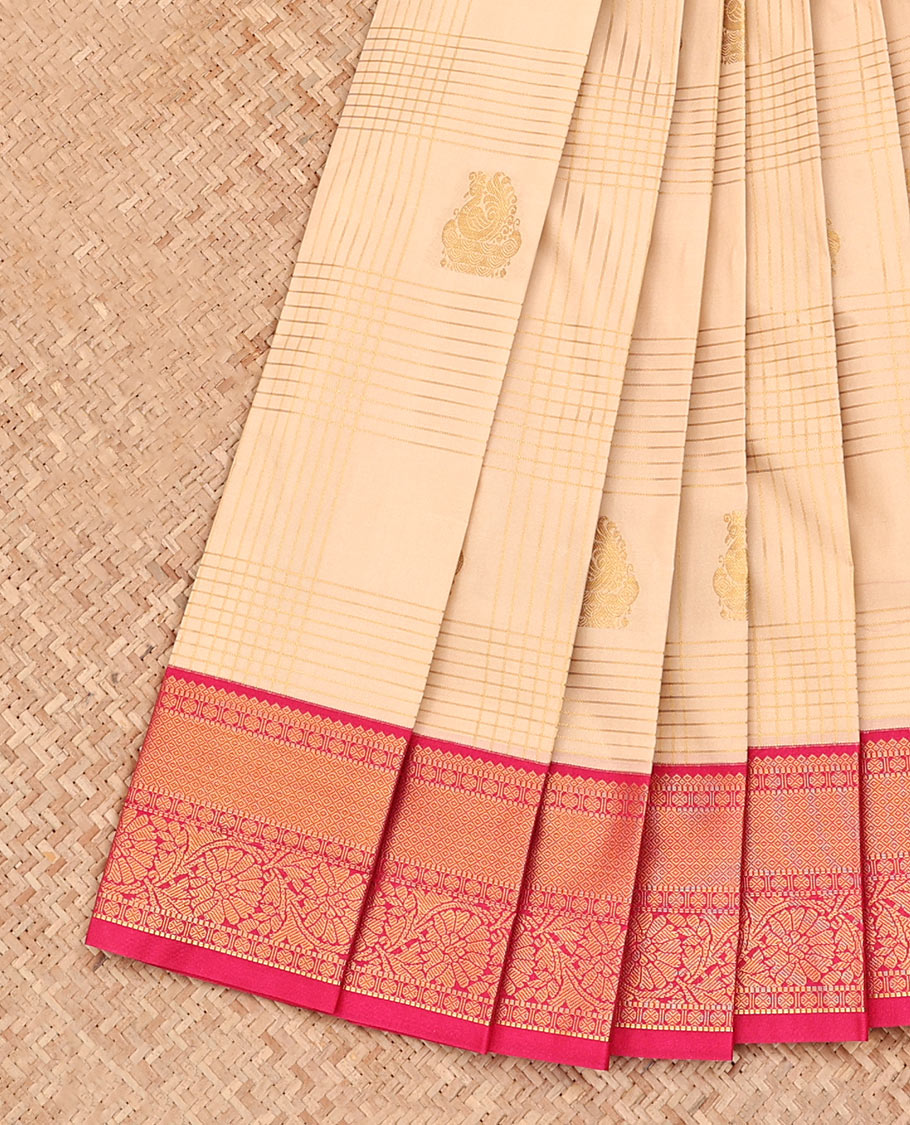 Sandal Budget Silk Saree, Sparsely Woven with Zari Butta Enclosed Checks, Complemented by a Contrast Traditional Border, Grand Jaal Pallu, and a Contrast Blouse