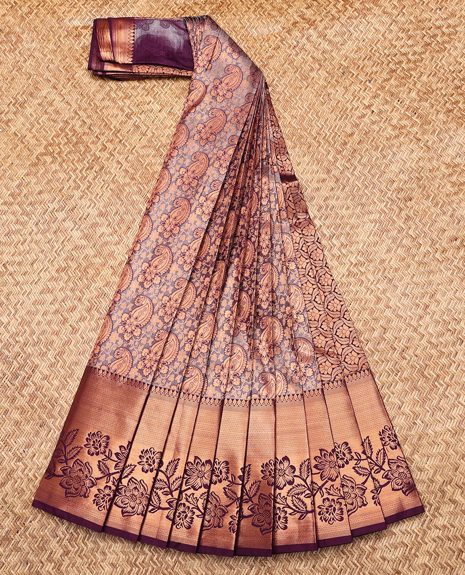 Grey Budget Silk Saree, Decorated with Paisley Jacquard, Complemented by Contrast Traditional Zari Border, Intricate Pallu, and a Contrast Blouse