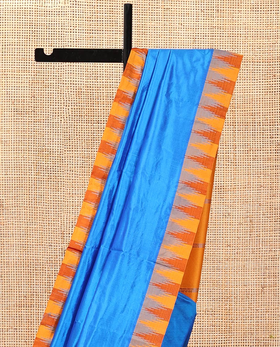 Blue Plain Bangalore Silk Saree, Complemented by a Contrast Temple Border, Pallu of Stripes, and a Contrast Blouse