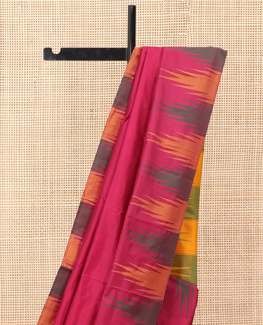 Pink Plain Bangalore Silk Saree, Complemented by a Contrast Temple Border, Striped Pallu, and a Contrast Blouse