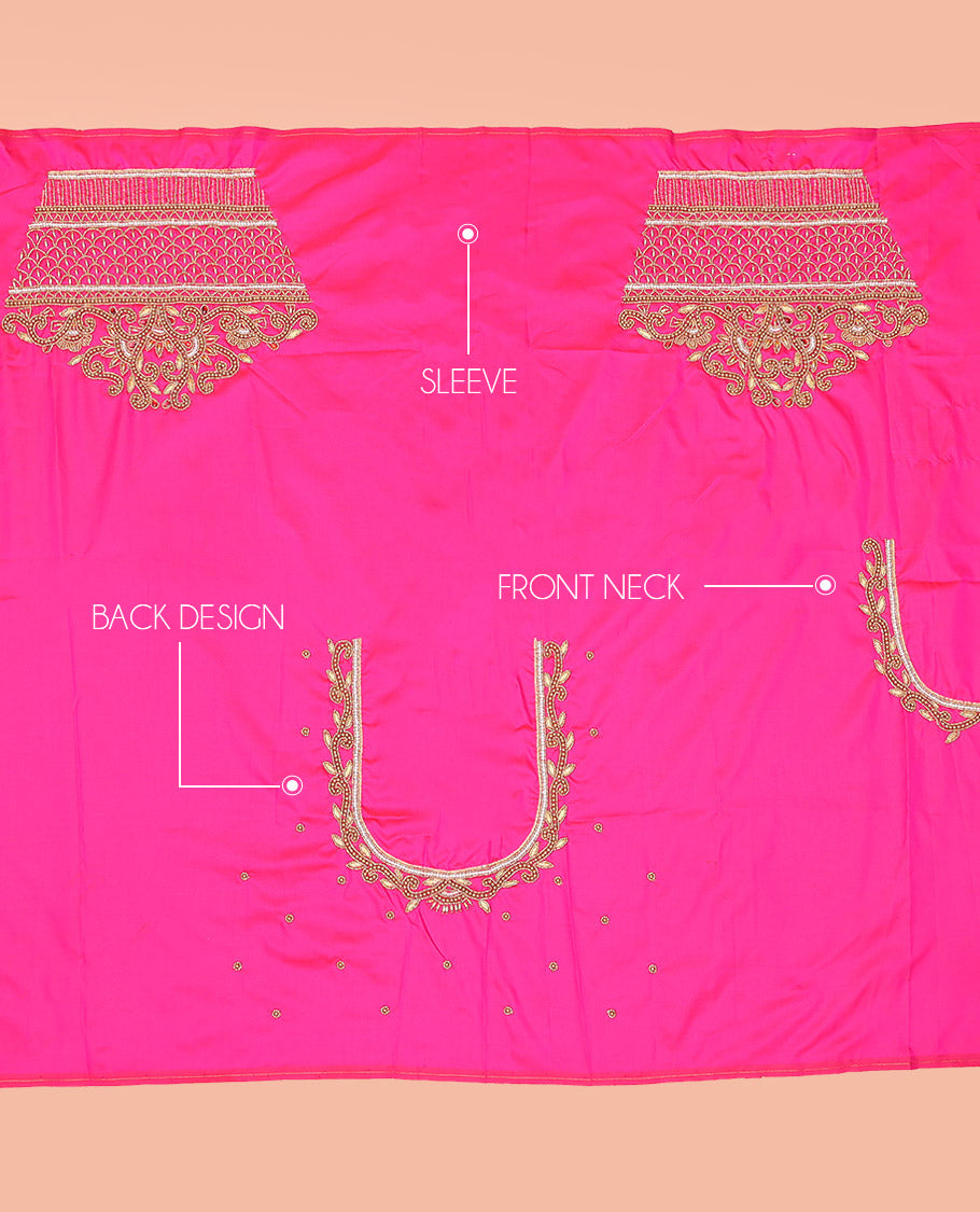 Pink Aari Material Blouse Decked Up with Floral-Scallop Design in Bead and Zarkan Stone Mixed Embroidery