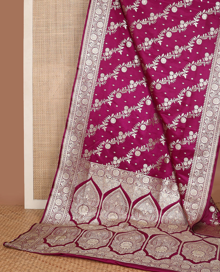 Purple striped floral design semi banaras nylon saree with self intricate zari design border & floral design pallu