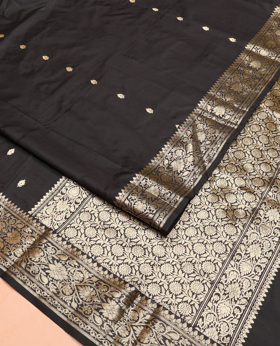Black buttas kathan silk saree, traditional zari design border, and floral jaal pallu