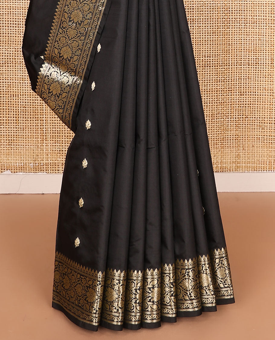 Black buttas kathan silk saree, traditional zari design border, and floral jaal pallu