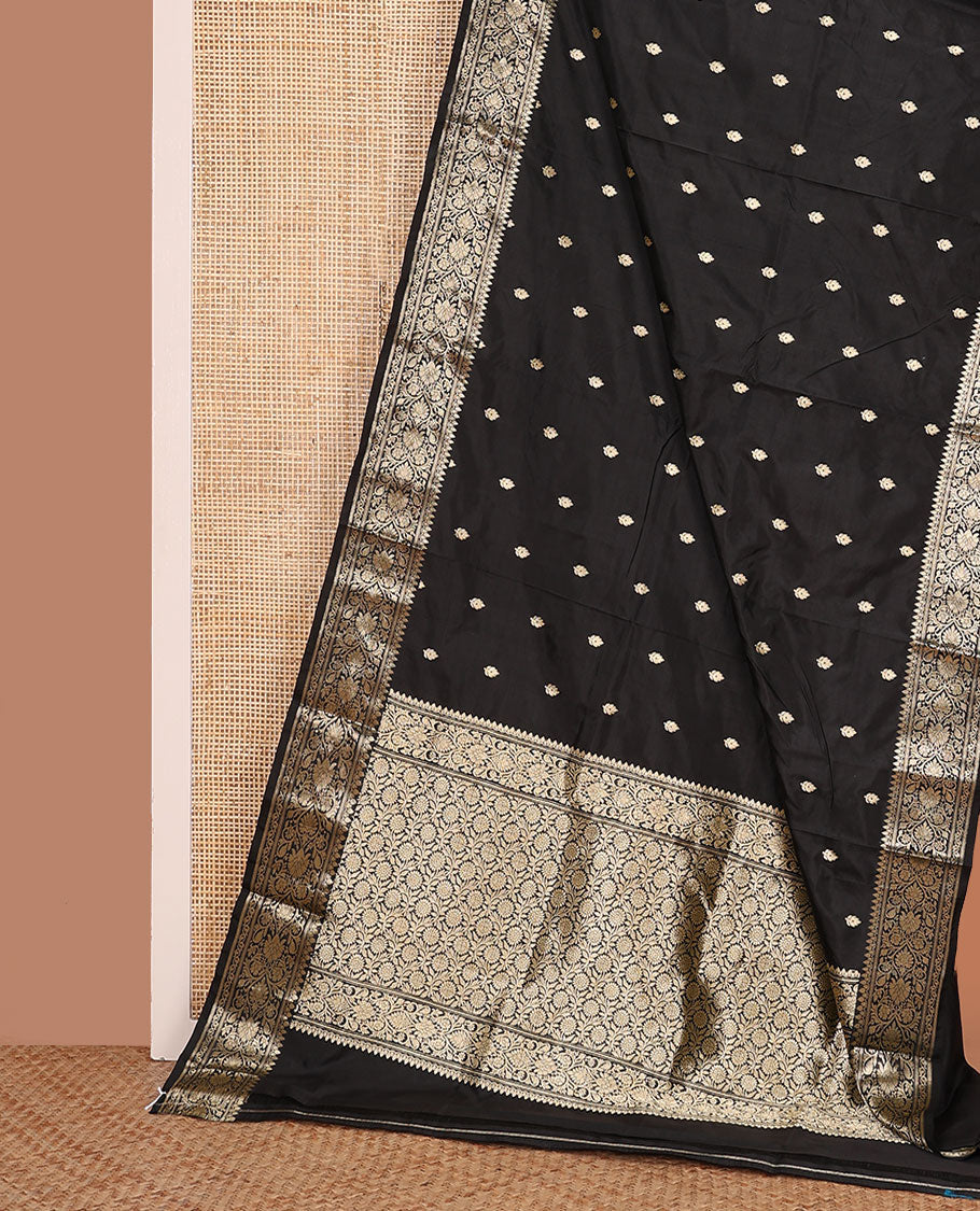 Black buttas kathan silk saree, traditional zari design border, and floral jaal pallu