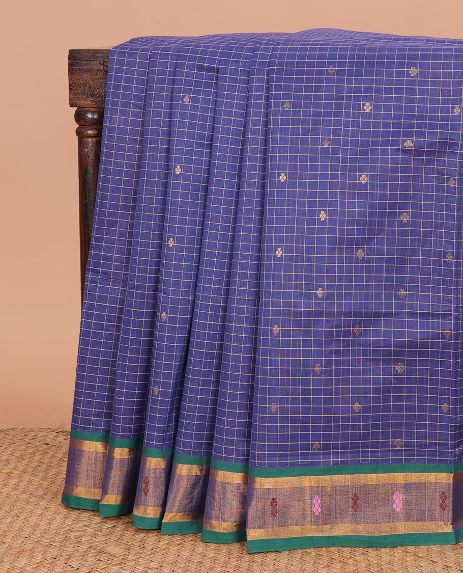 Blue checked and buttas Venkatagiri cotton saree, contrast zari and thread work border, and striped pallu